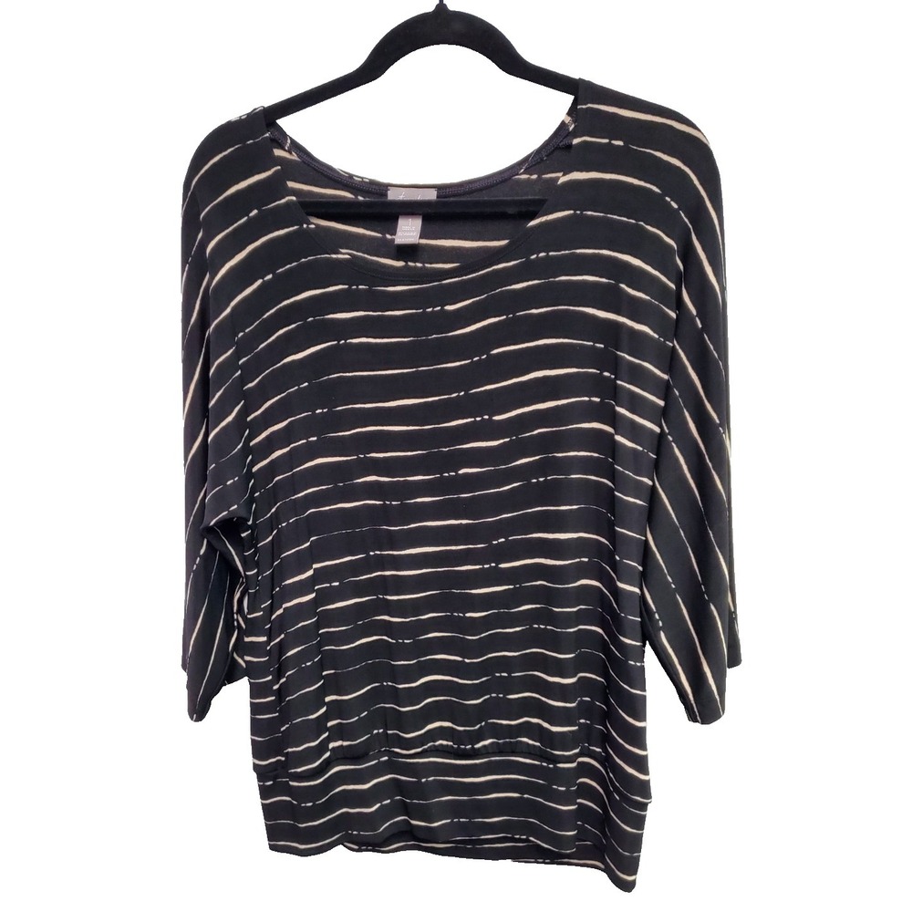 Travelers by Chico's Top Tunic Size 1 M Stretch Black Tan Stripe Banded bottom